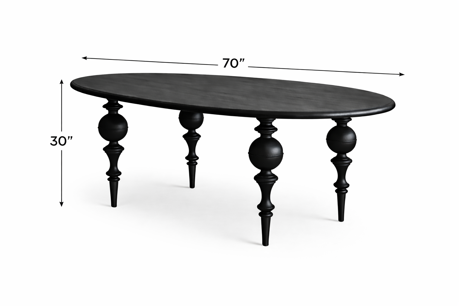 Luxury Black oval table with dimensions on a white background