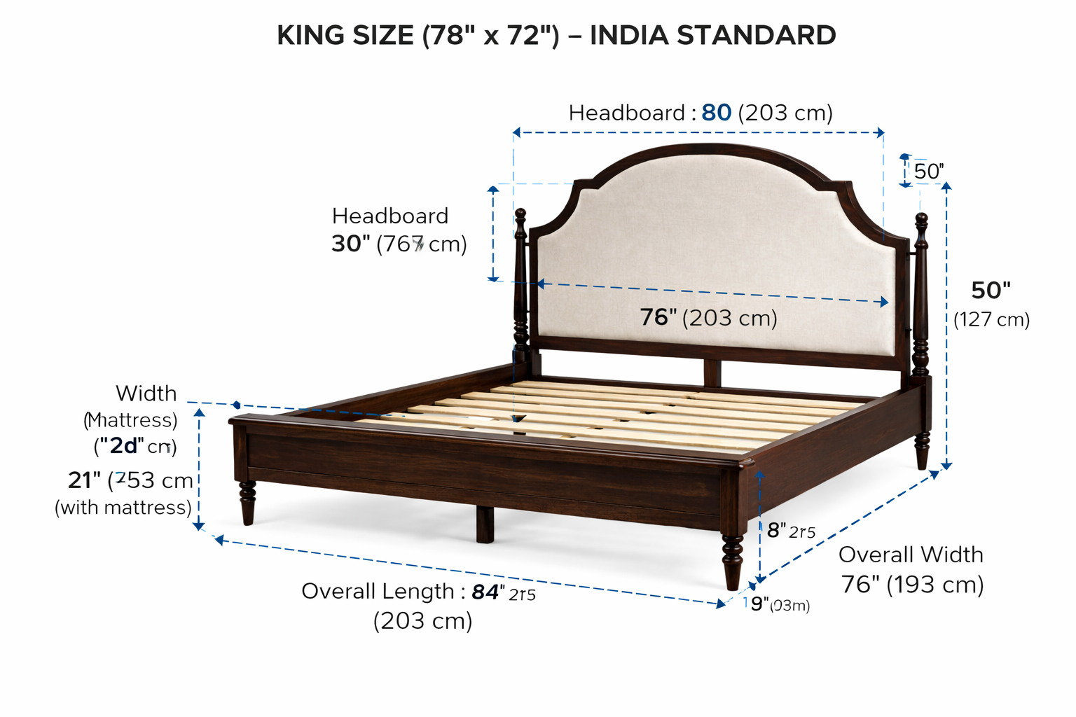 King size bed with dimensions labeled according to India standard