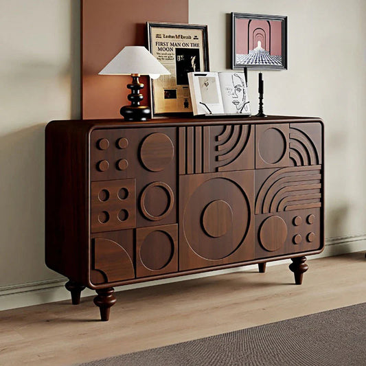 minimalist Wooden sideboard with geometric patterns in a room setting