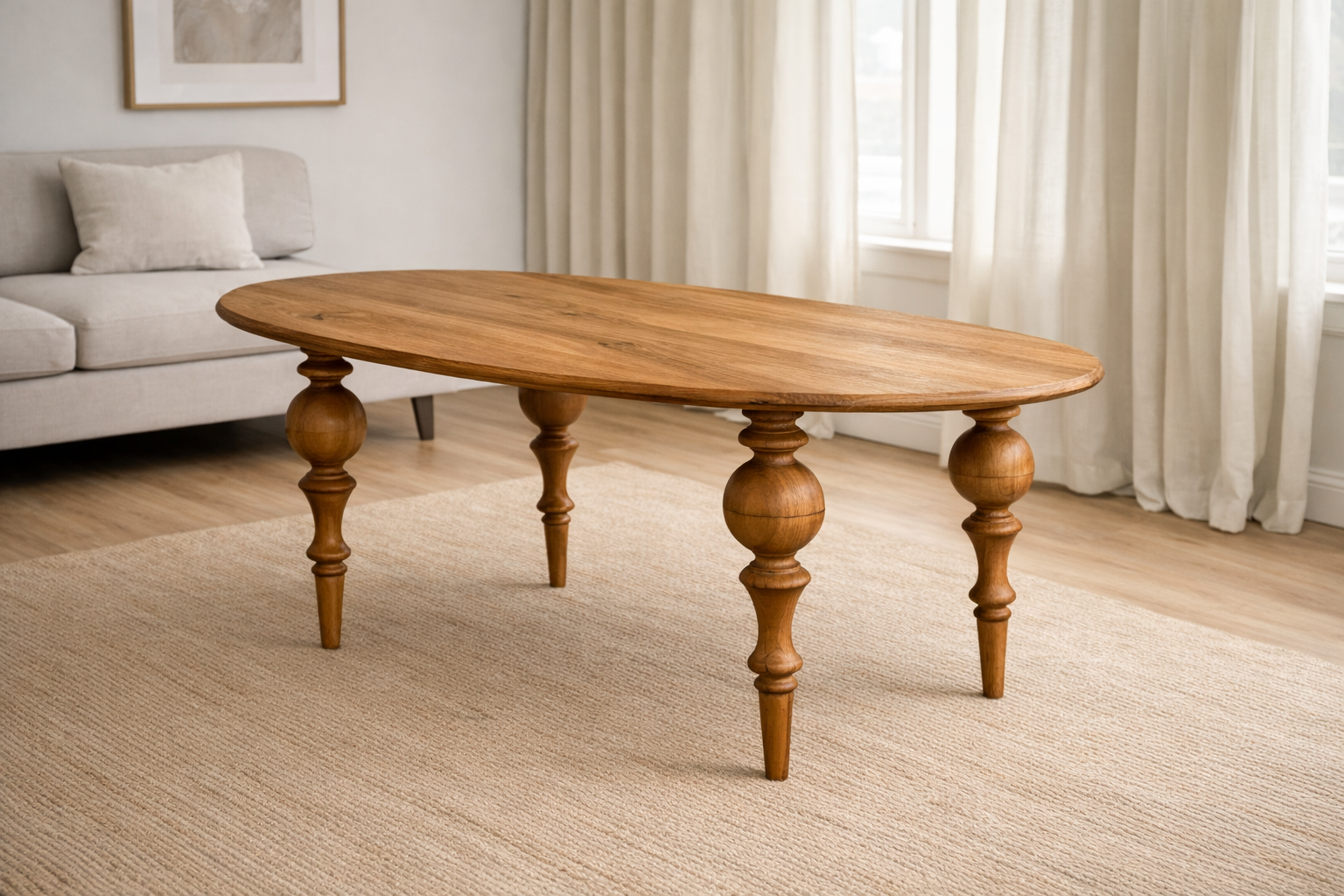minimalist Wooden dining table in a living room setting with a sofa and curtains.