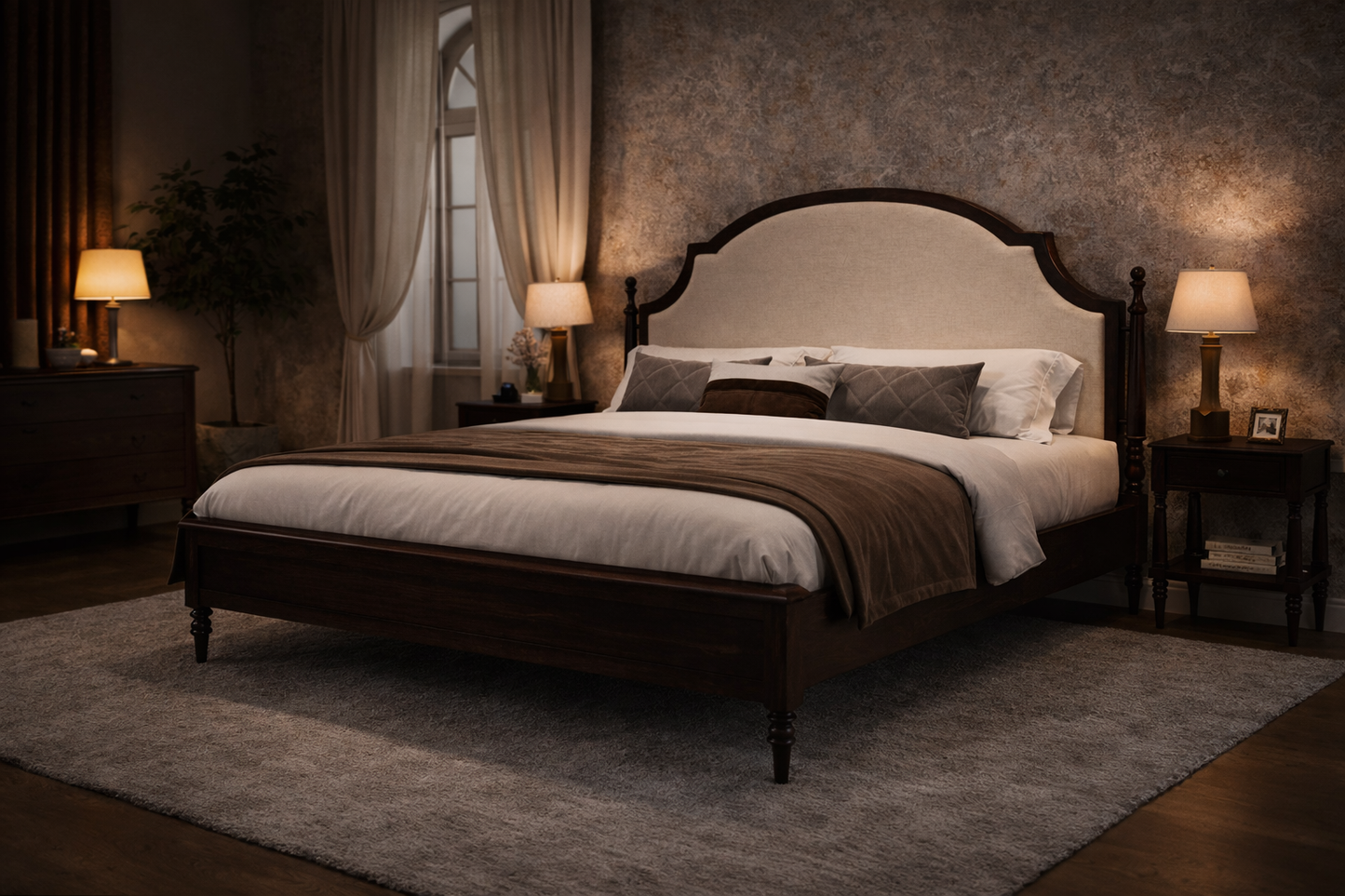 Decorative bedroom with a large bed, nightstands, and lamps.