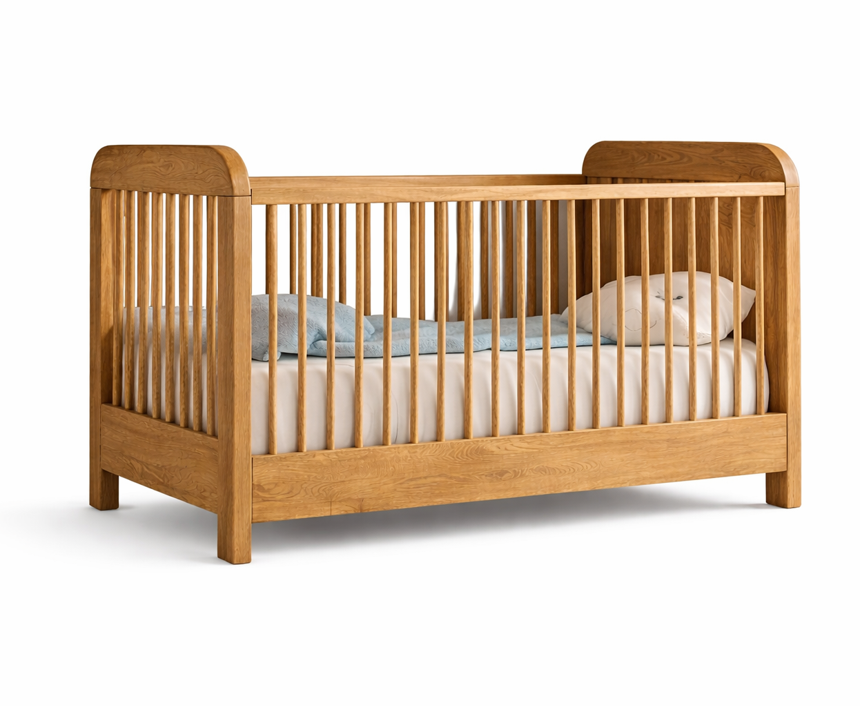 minimalist Wooden crib with bedding on a white background