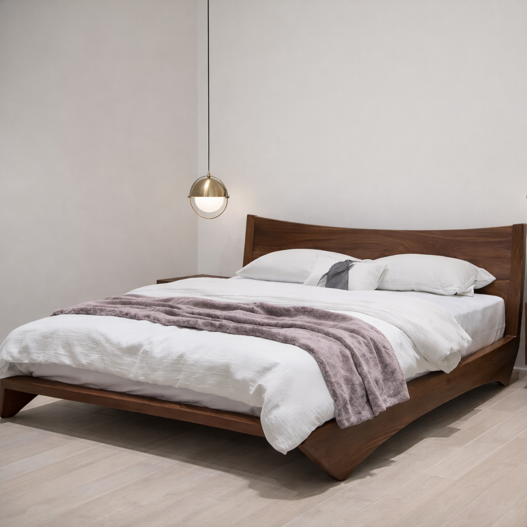 minimalist Wooden bed with white bedding and a purple blanket in a minimalistic room.