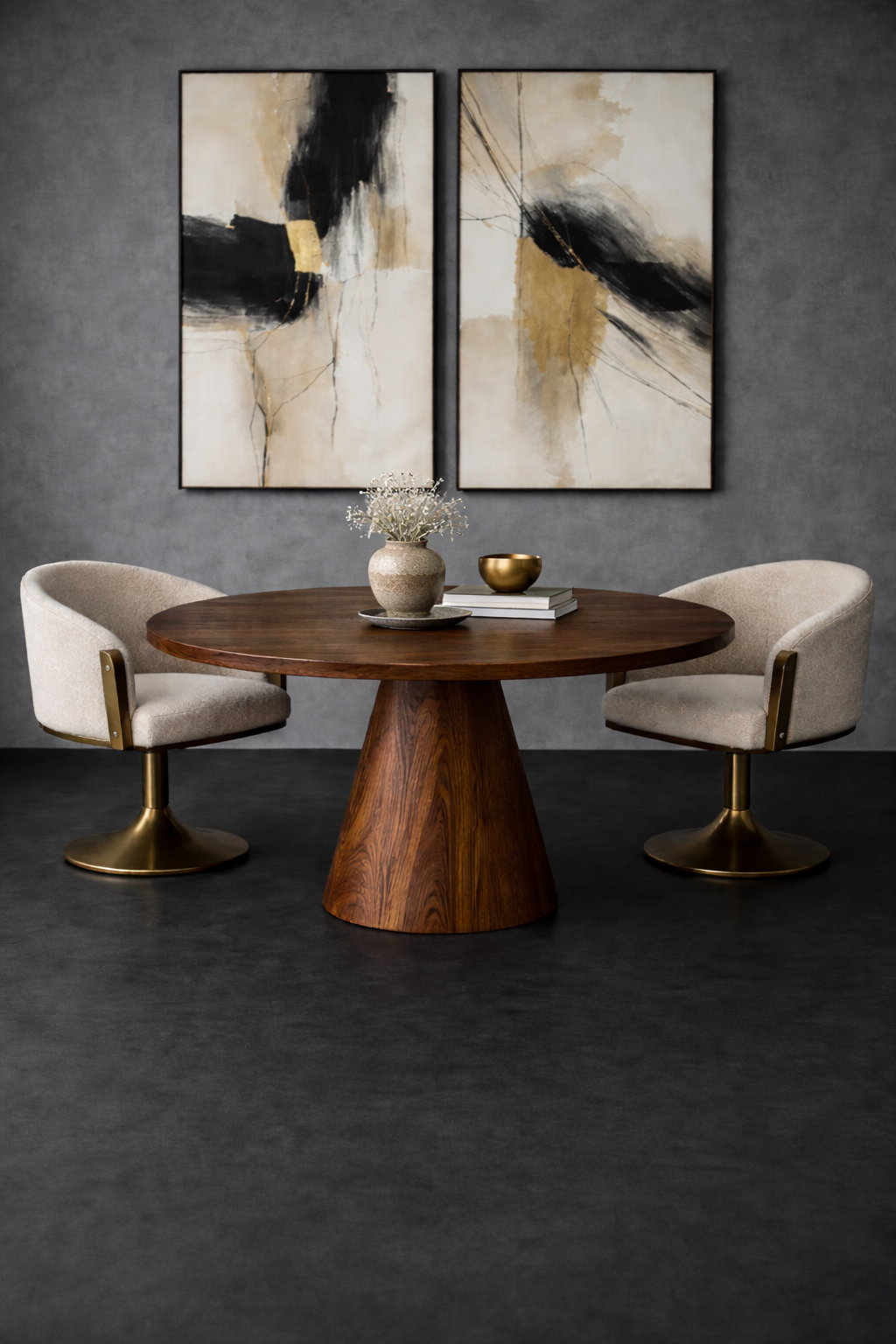 minimalist Dining room with a wooden table and two chairs, featuring abstract art on the wall.