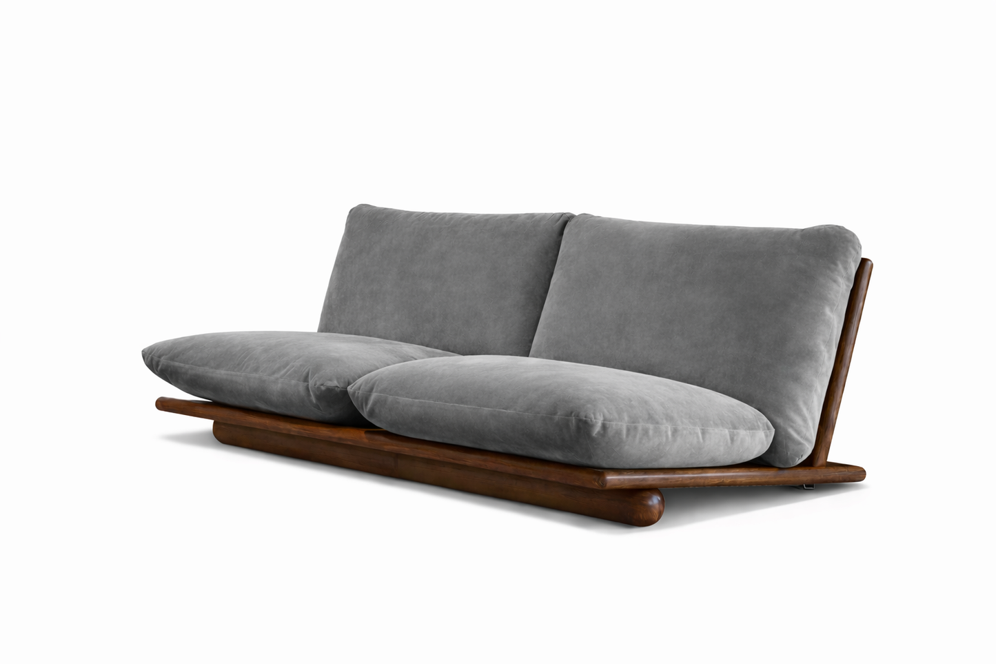 minimalist Gray sofa with wooden frame on a white background