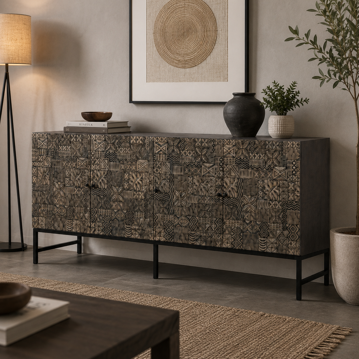 Solid Wood Storage Sideboard Cabinet with Hand-Carved Geometric Doors