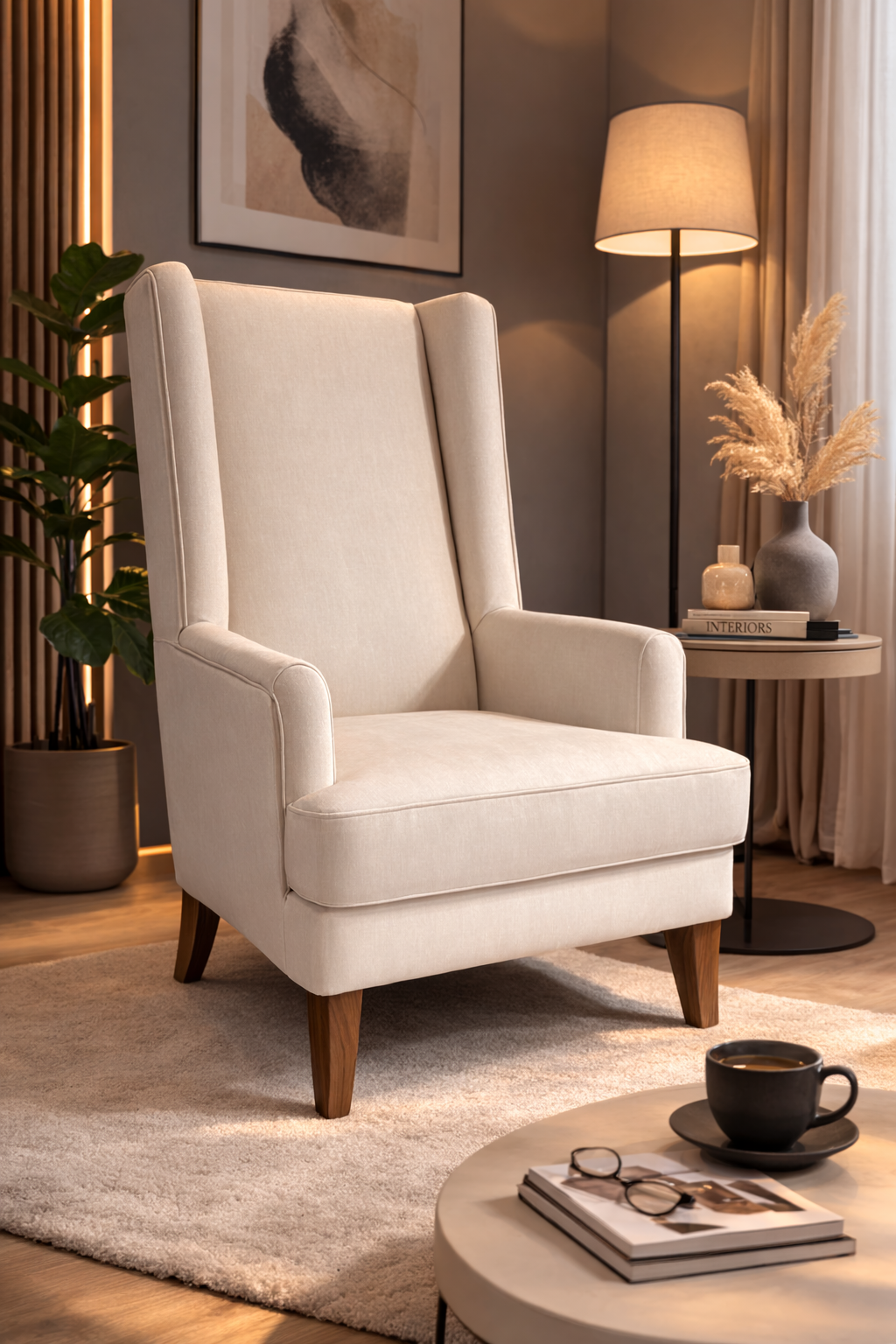 Beige armchair in a cozy living room setting with a lamp, plant, and coffee table.