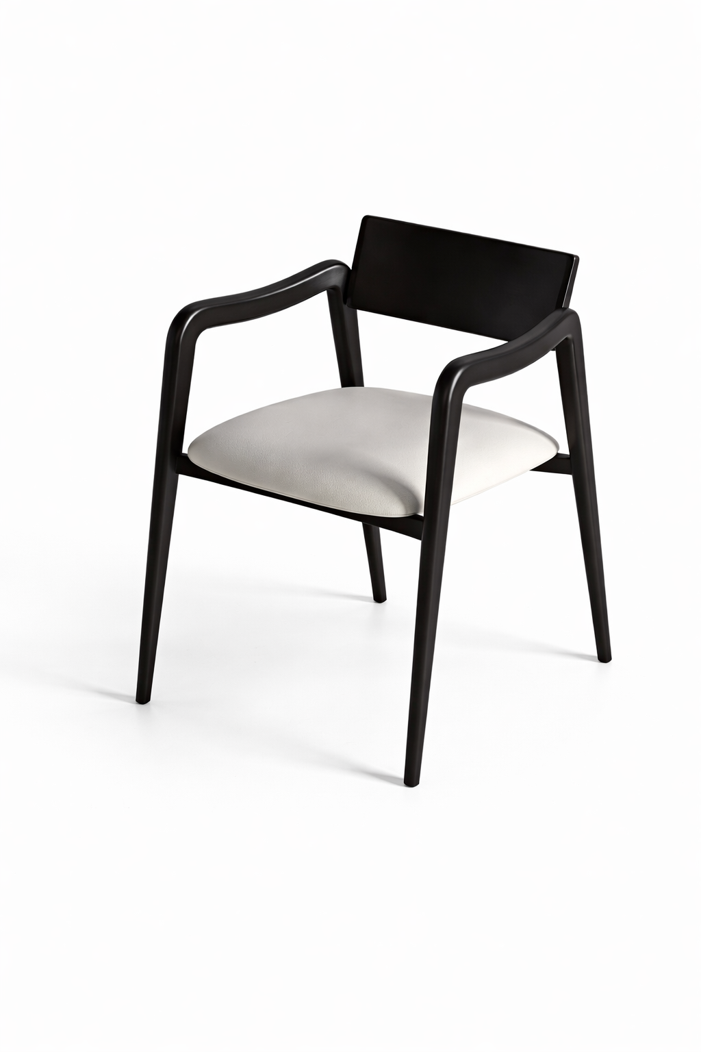 Chair with black frame and white cushion on a white background