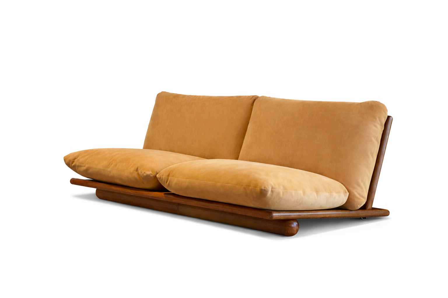 Brown sofa with wooden frame on a white background