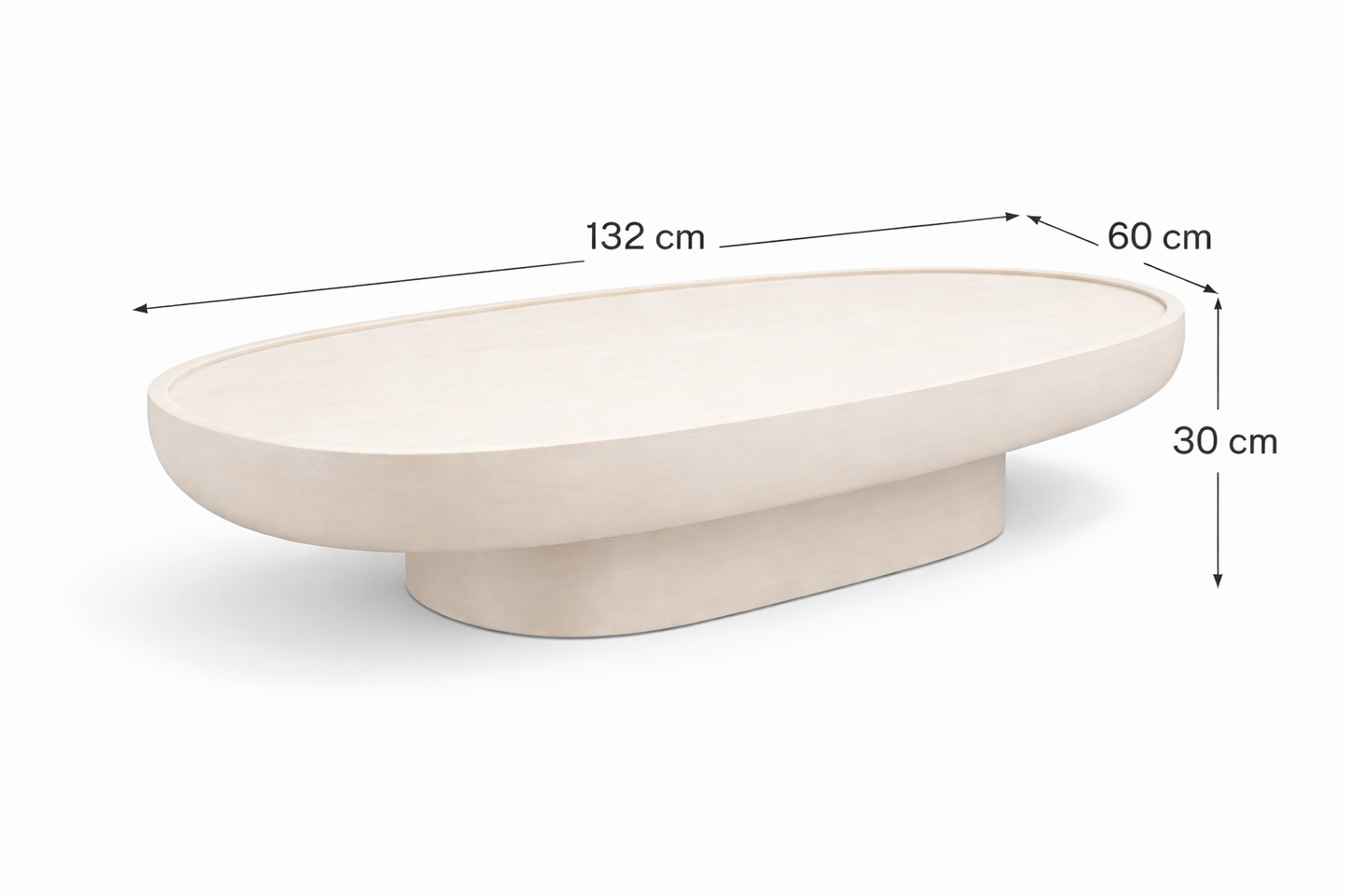 Beige oval table with dimensions labeled on a white background