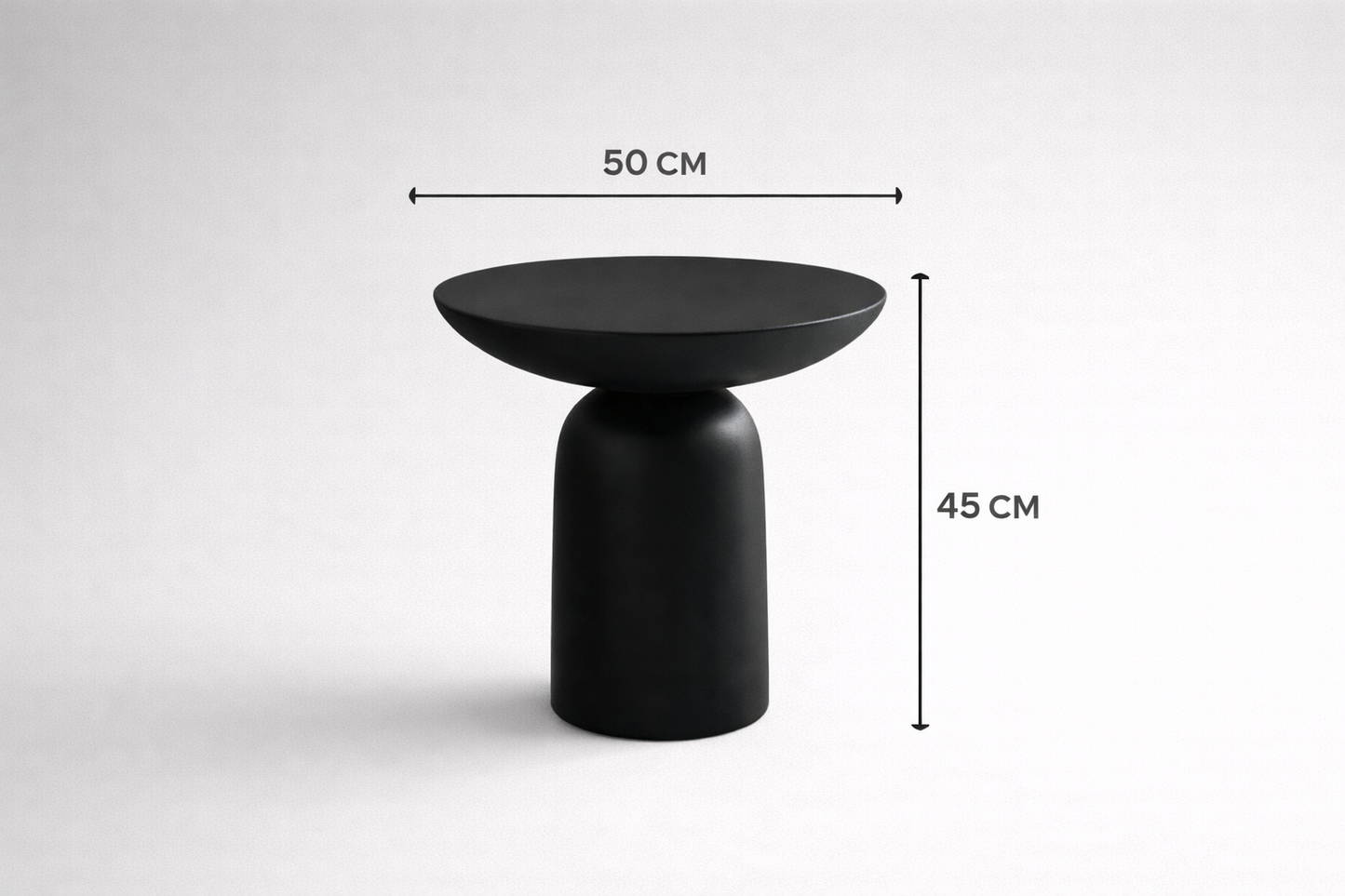 Black side table with dimensions on a white background