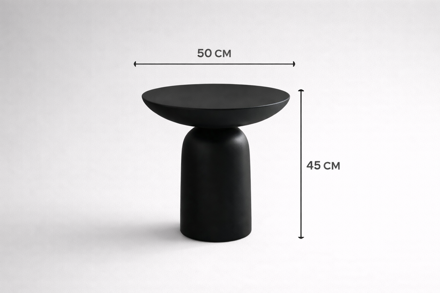Black side table with dimensions on a white background