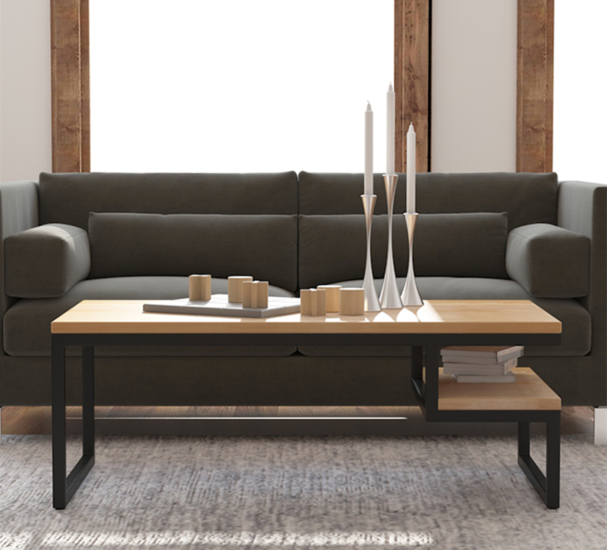 solid wood center table with industrial base - The Leaf Crafts
