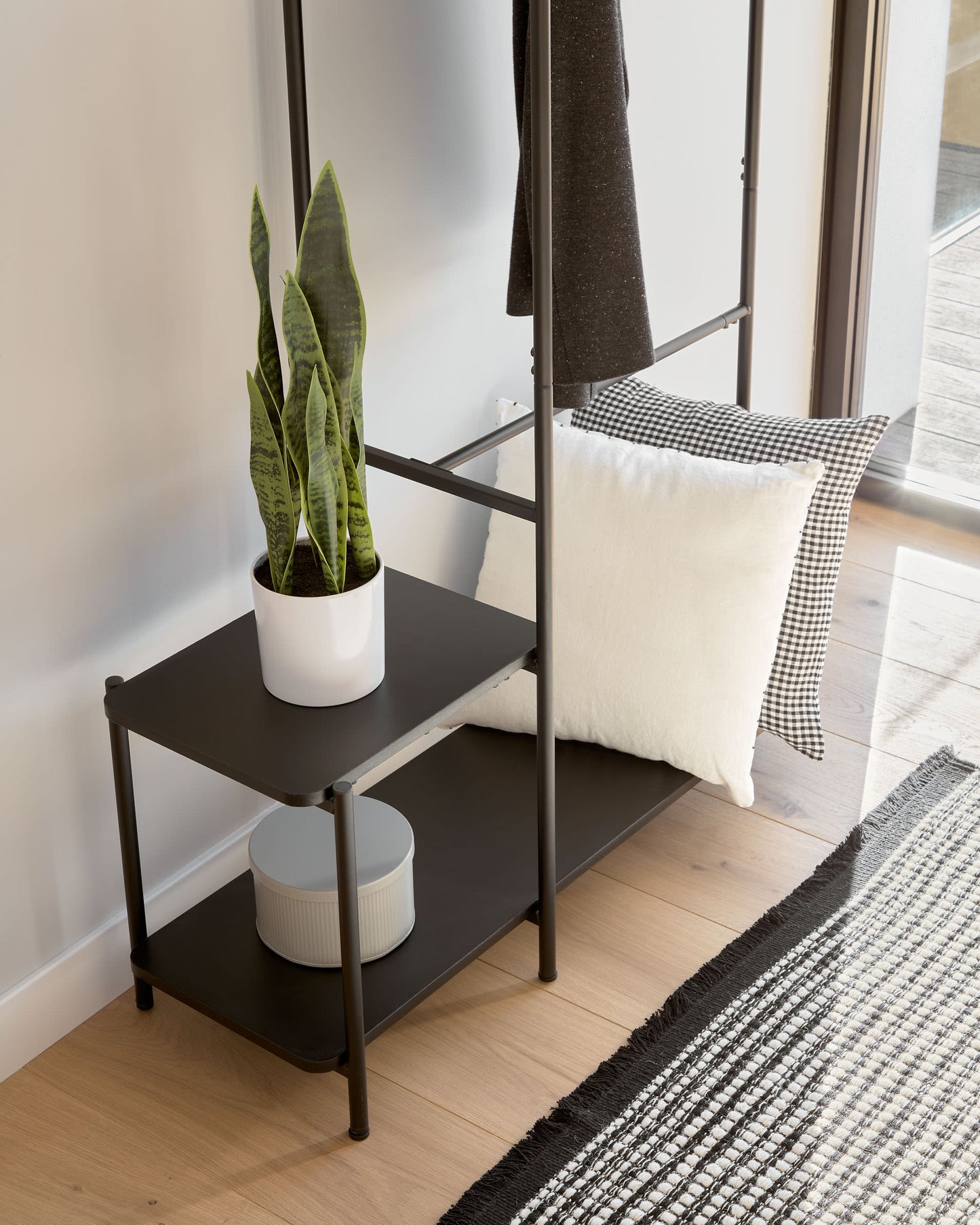 premium wooden bench with integrated clothes rail
