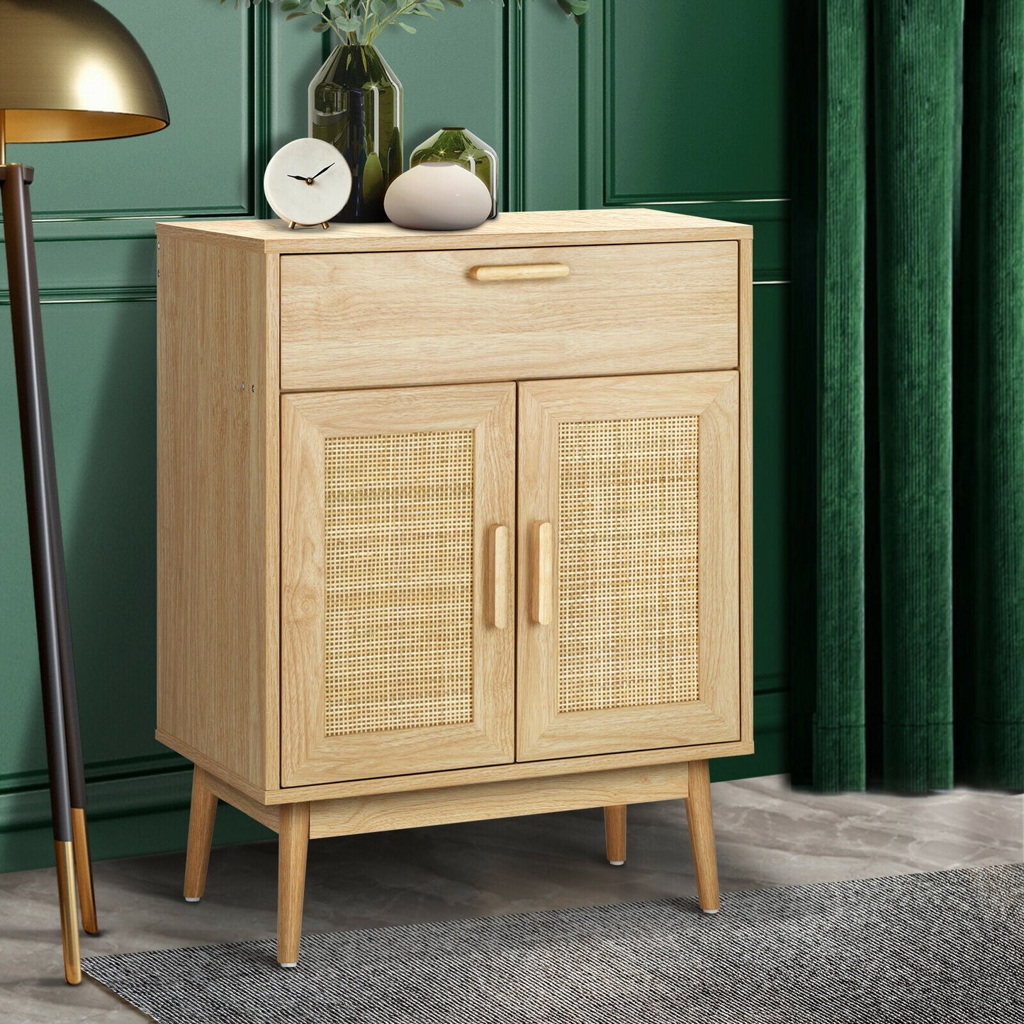 premium wooden storage cabinet with cane panels- The Leaf Crafts
