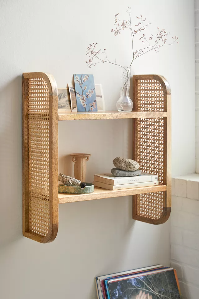 premium wooden wall shelf with natural rattan texture- The Leaf Crafts