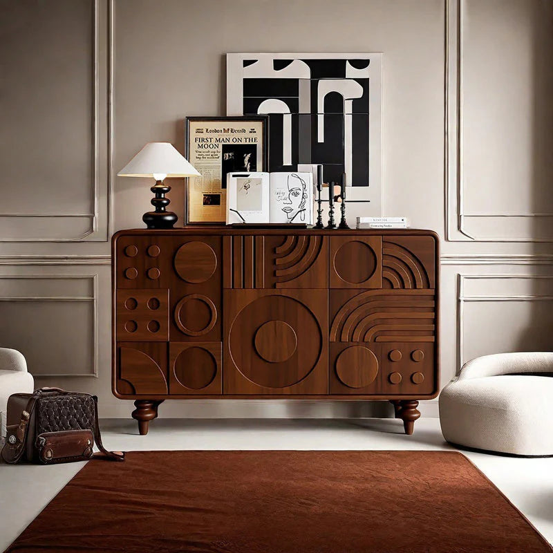 premium Wooden sideboard with geometric design in a living room setting