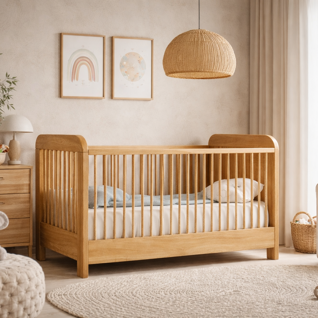 Wooden crib in a nursery with decor elements