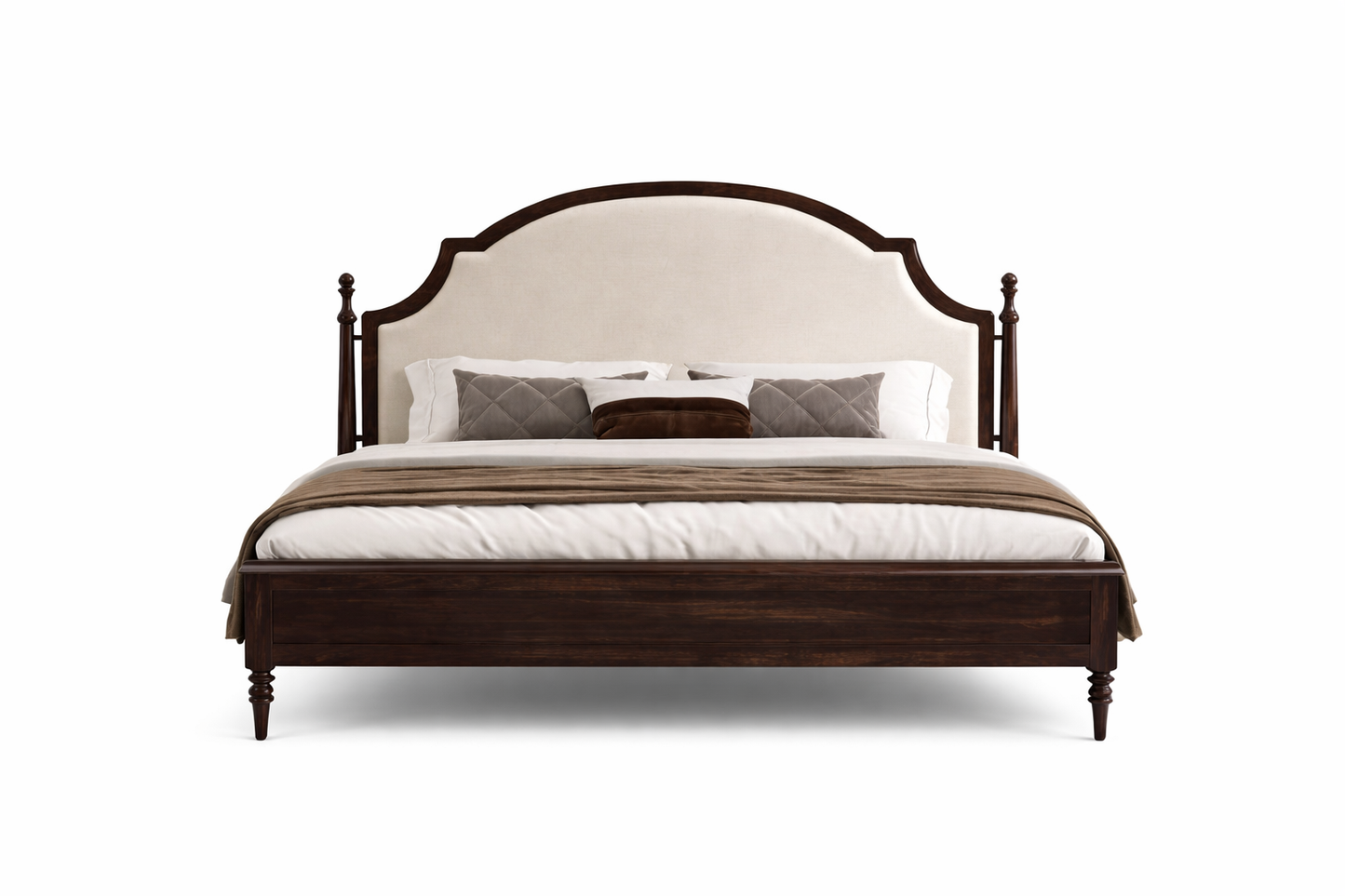 premium Wooden bed with upholstered headboard and white bedding on a white background
