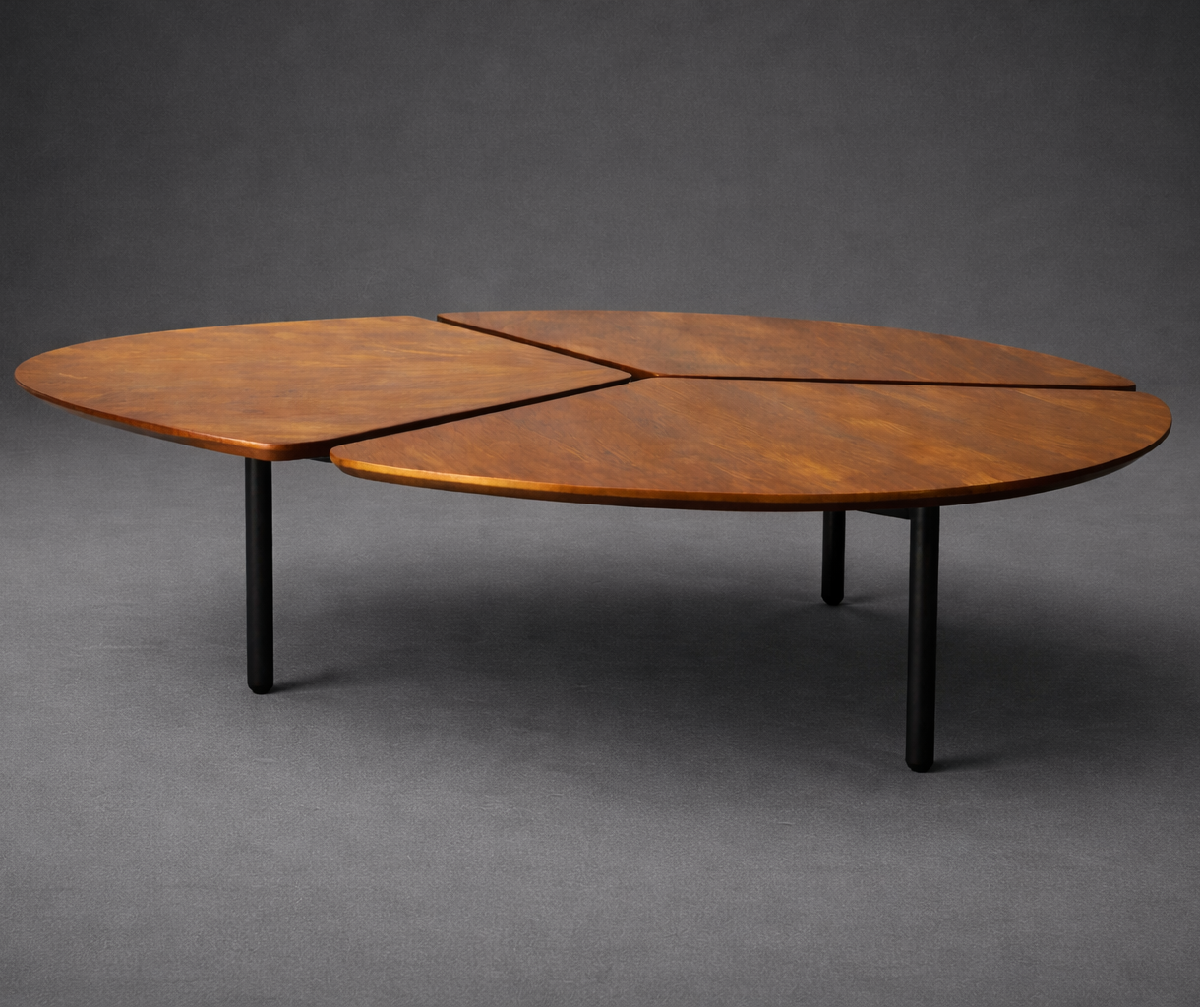 Wooden table with a modern design on a gray background