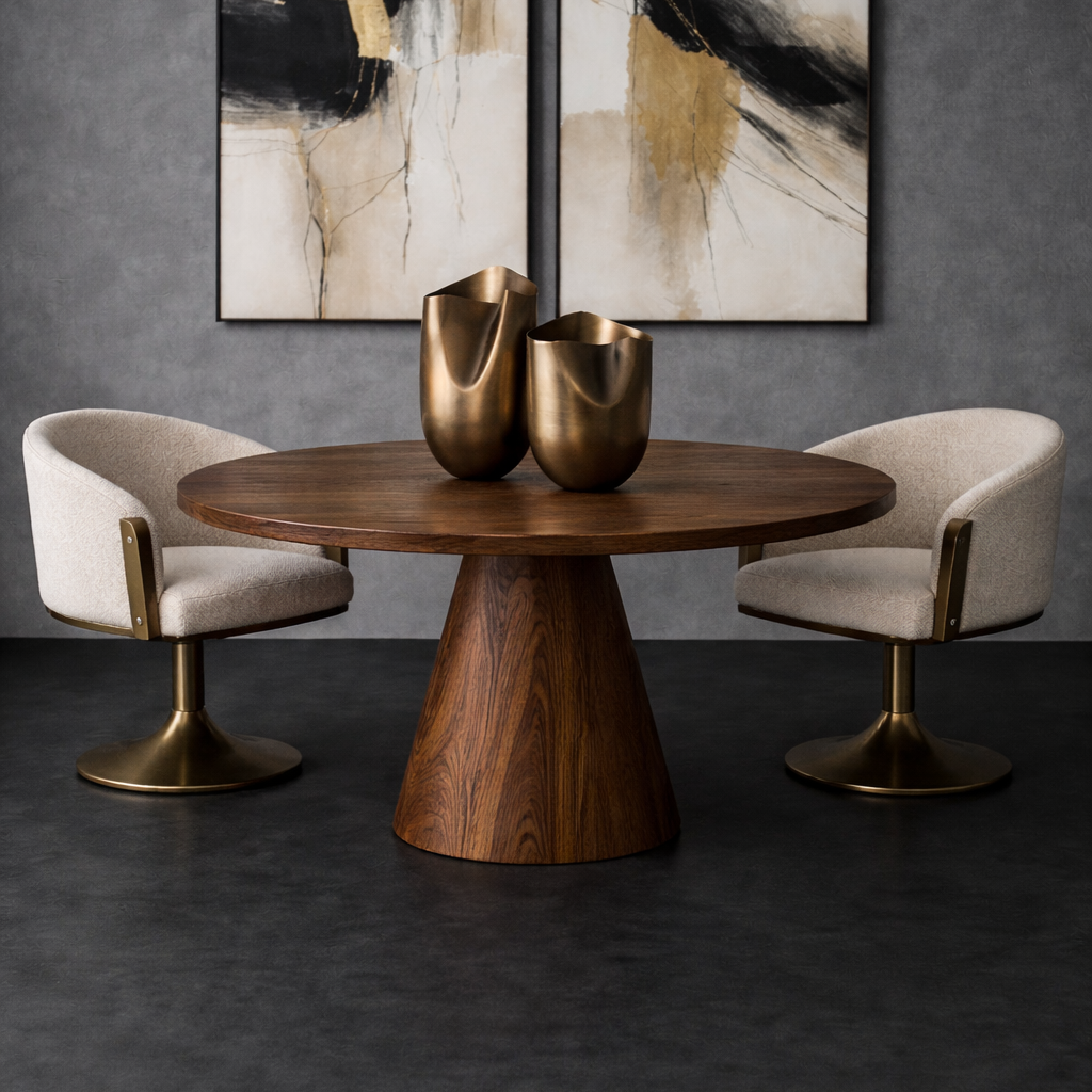 premium Dining area with a wooden table, two chairs, and abstract art on a dark wall.