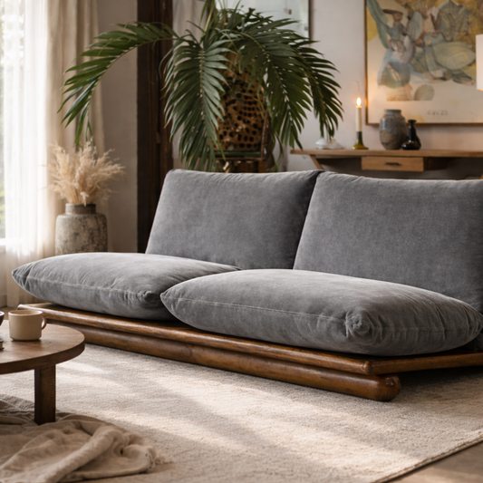 premium Gray sofa in a living room with a wooden coffee table and decorative items.
