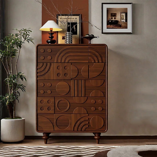 premium Wooden dresser with geometric patterns in a room with a plant and framed picture on the wall.