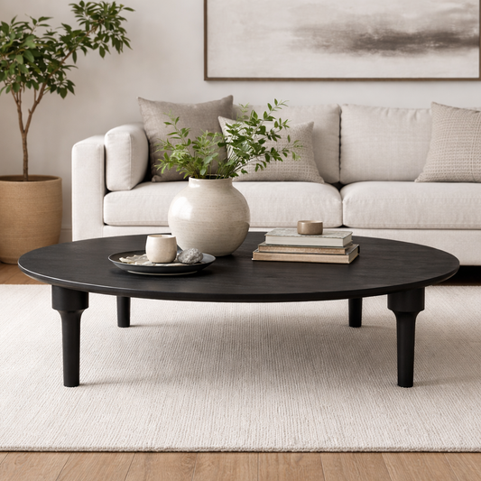 Modern living room with a white sofa, round black coffee table, and decorative items.