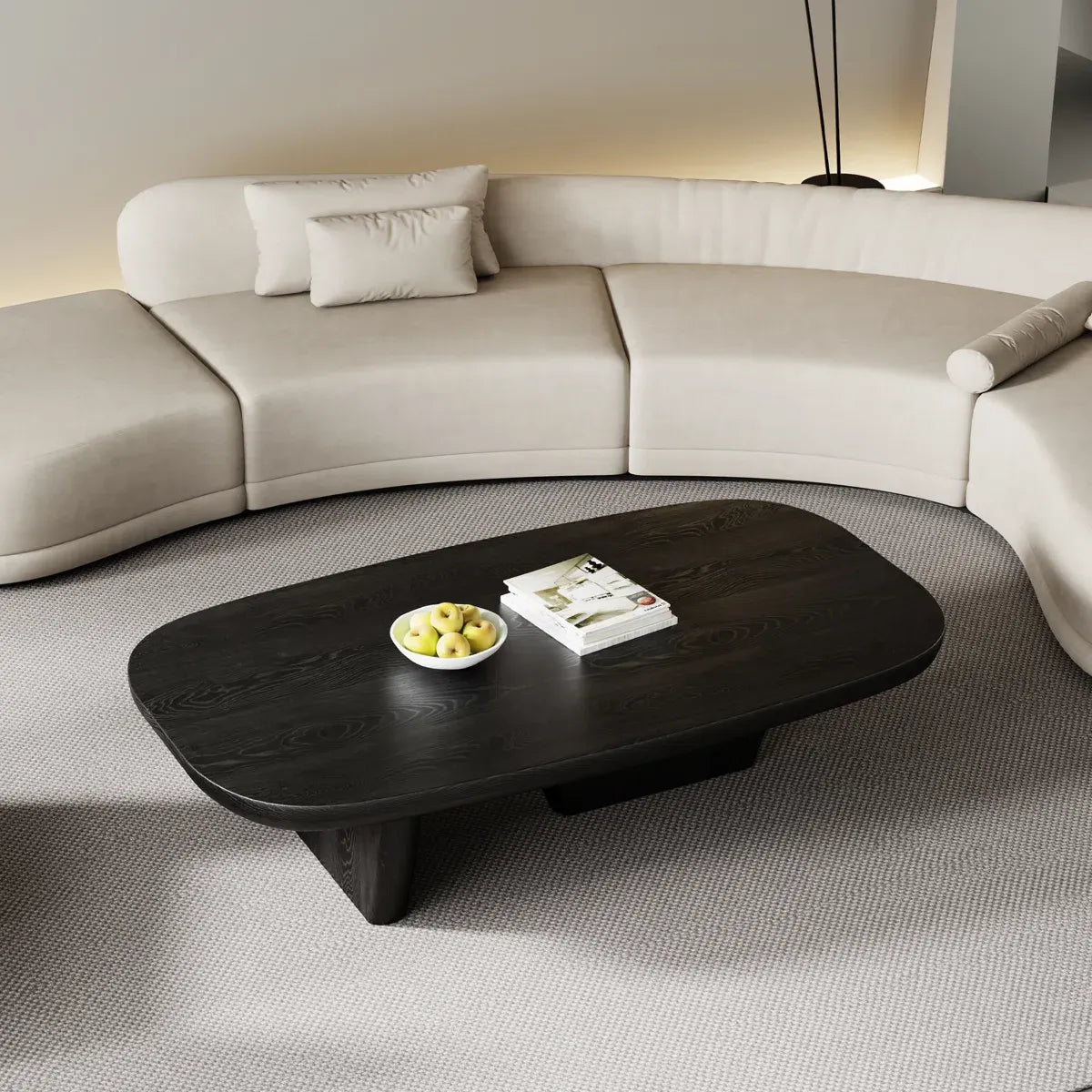 premium Modern living room with a beige sectional sofa and a dark wooden coffee table.
