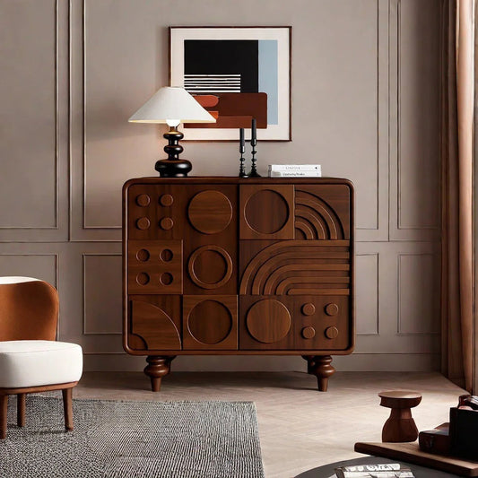 premium Wooden cabinet with geometric design in a room with a chair and abstract art on the wall.