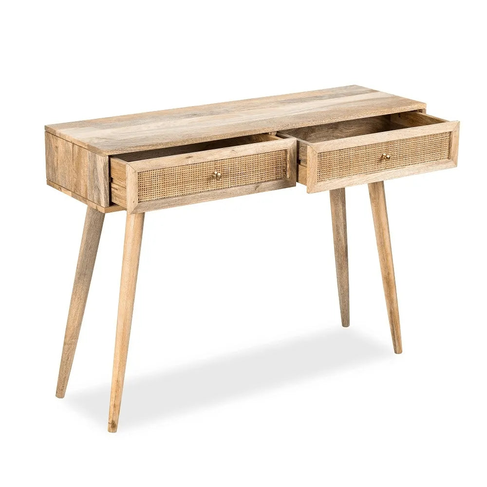 handcrafted wooden study table with rattan panels