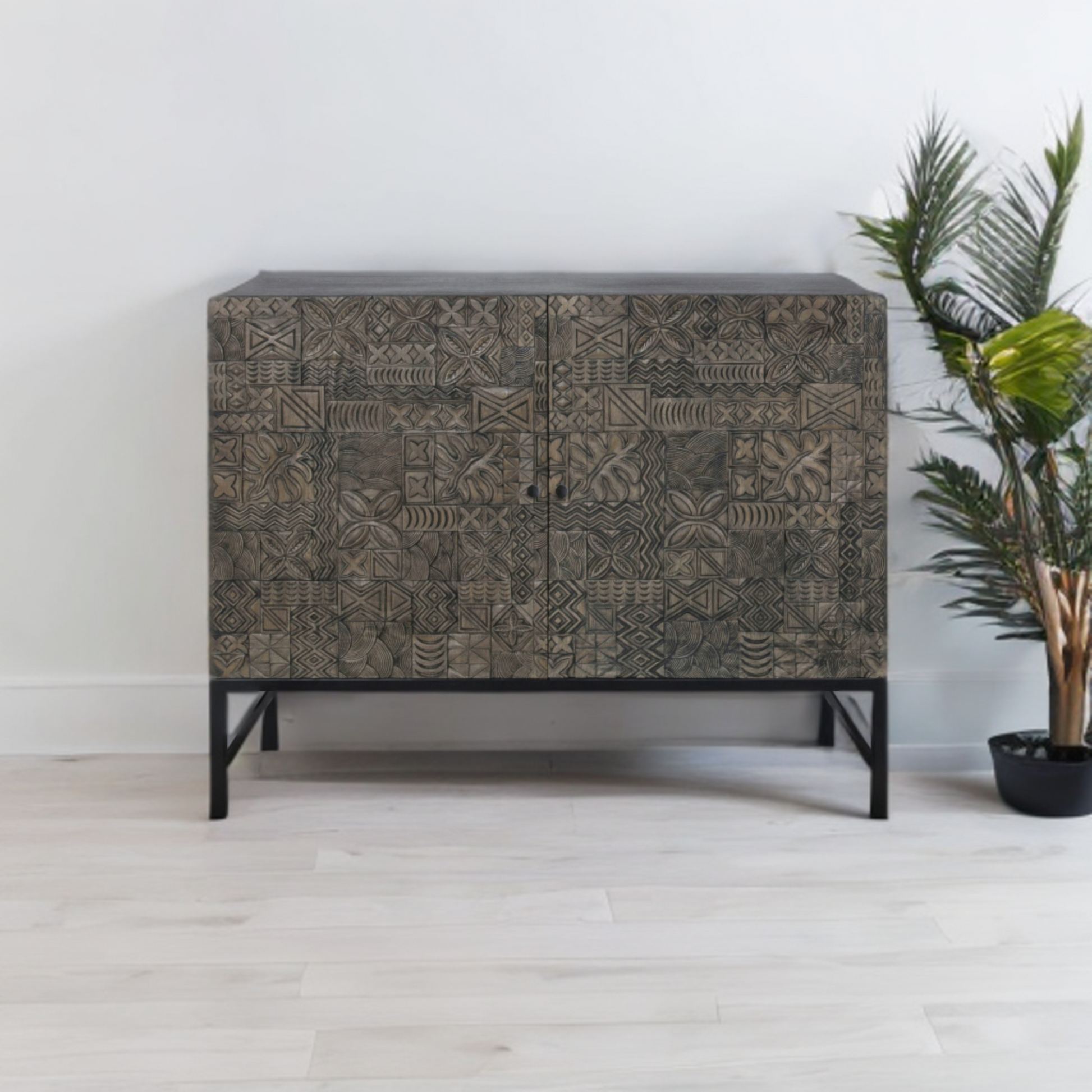 rustic natural wood sideboard with artisan carving design