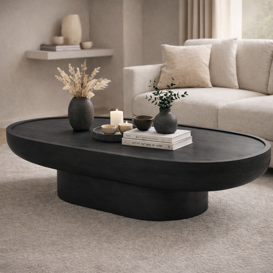 Black coffee table with decorative items in a living room setting