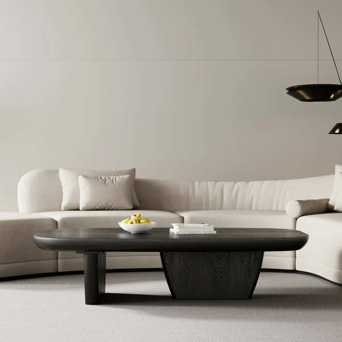 Modern living room with a beige sofa and wooden coffee table.