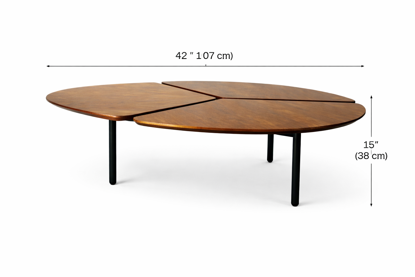 Wooden coffee table with dimensions labeled on a white background