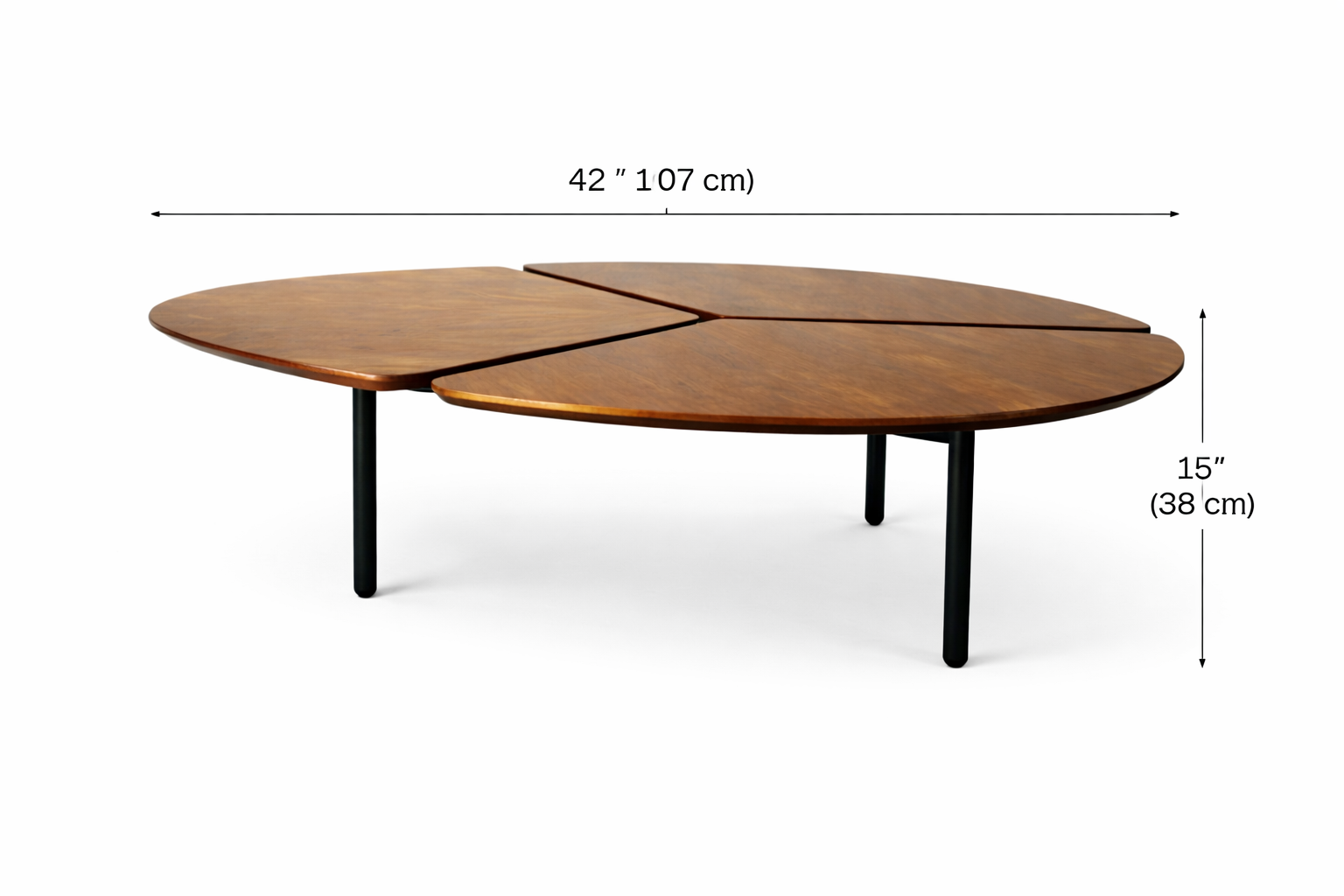 Wooden coffee table with dimensions labeled on a white background