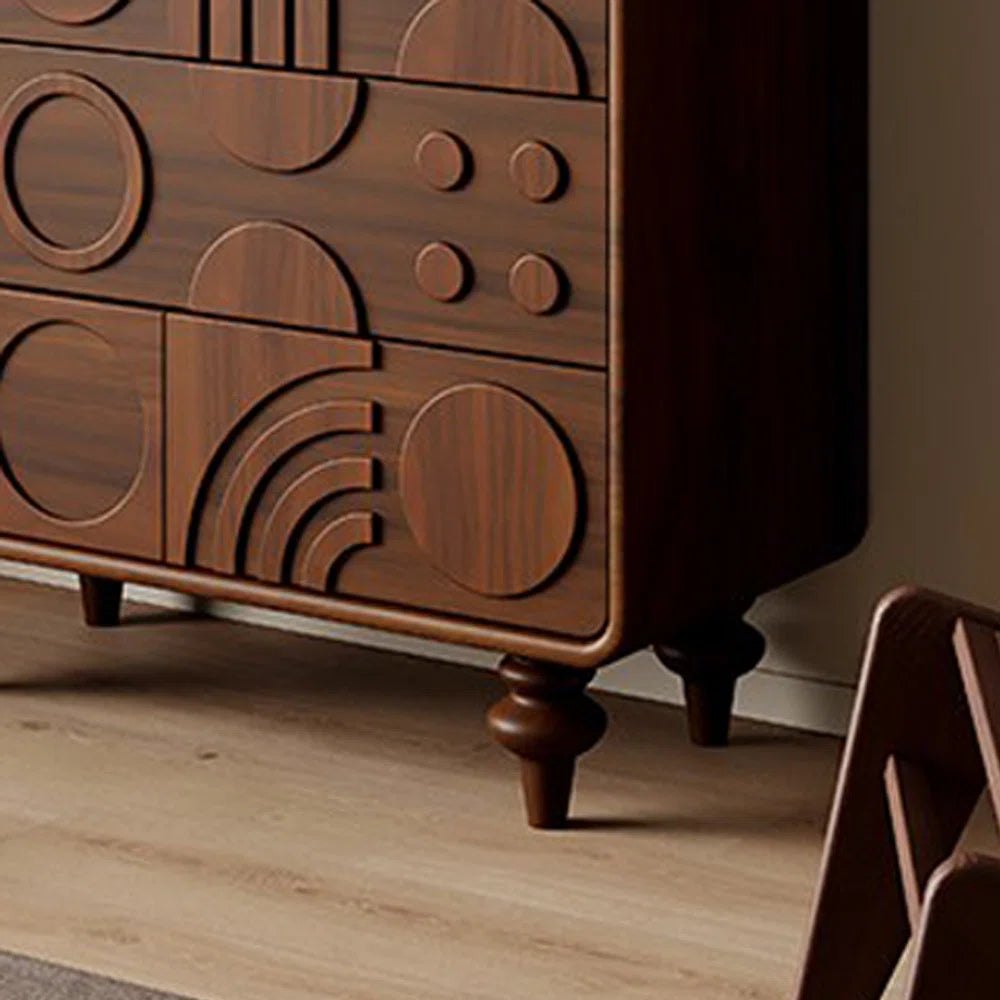 Wooden dresser with geometric design in a room setting
