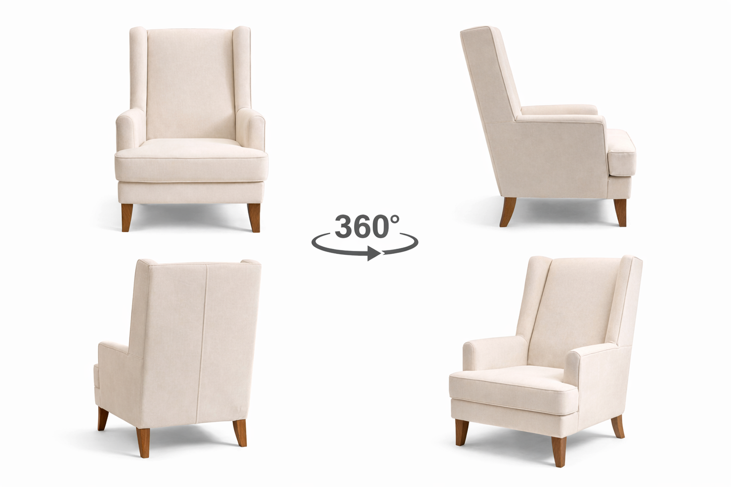 Beige armchair shown from multiple angles on a white background
