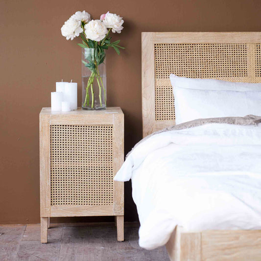handcrafted wooden nightstand with rattan