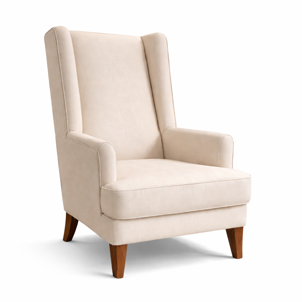 Beige wingback chair with wooden legs on a white background