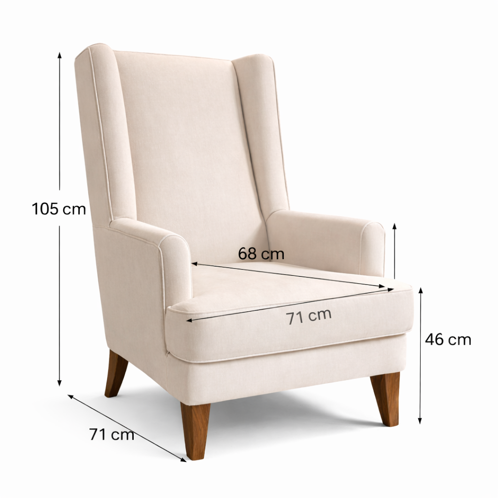 Beige armchair with dimensions marked on a white background