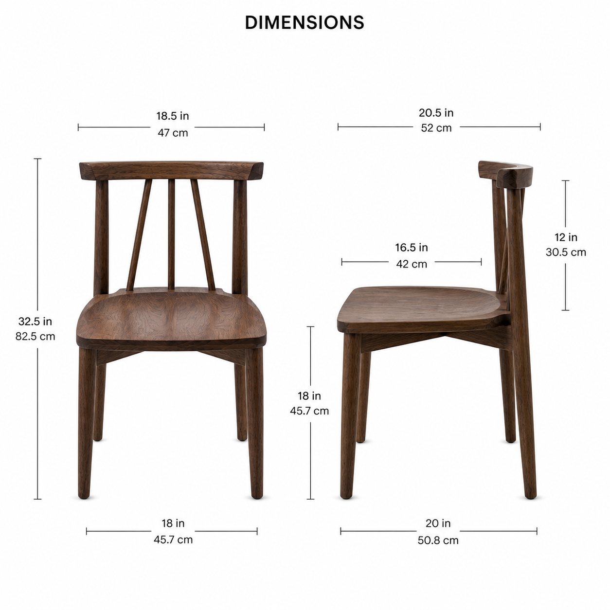Wooden chair with dimensions labeled on a white background